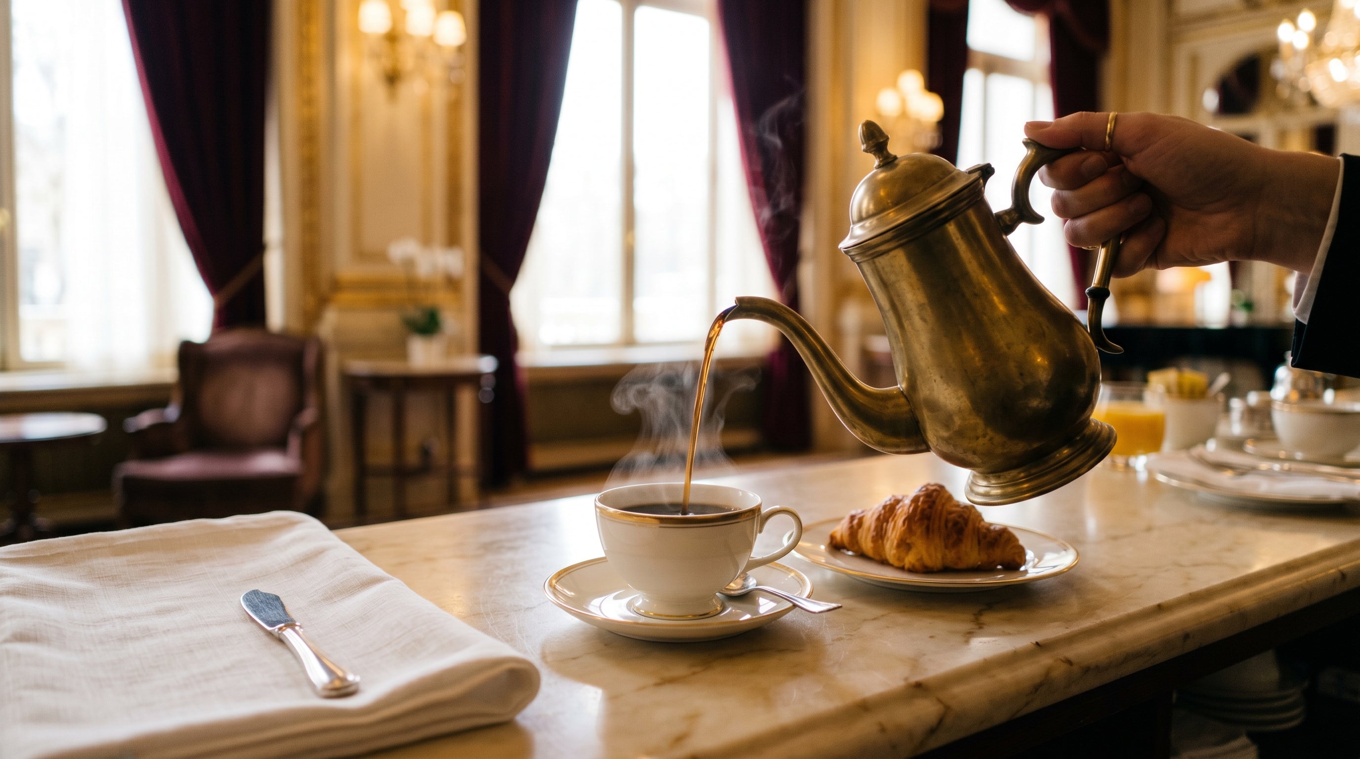 Brass coffee pot pouring into a porcelain cup, marble counter, soft hotel-lobby morning light